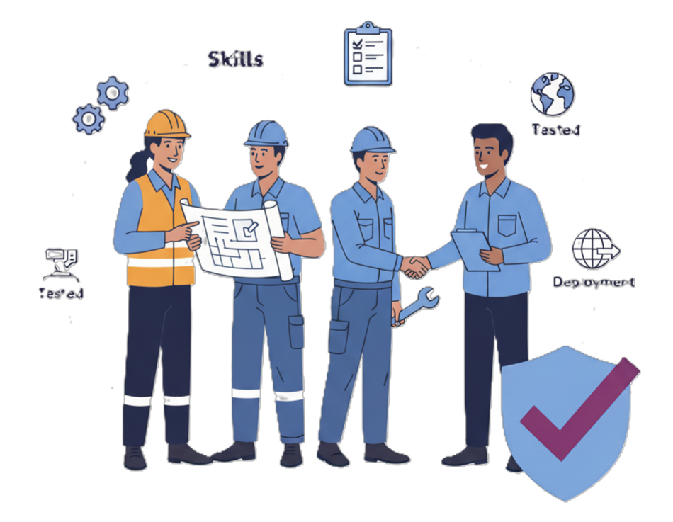 Illustration showing diverse candidates completing skills as part of Starbridge Talent’s structured hiring process for blue-collar candidates.