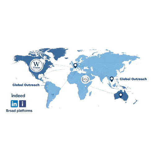 World map showing Starbridge Talent’s global sourcing network, combining LinkedIn and Indeed with the Wharton Alumni Network, the Young Global Leaders Network, and local outreach in India, Maghreb, and Southeast Asia.