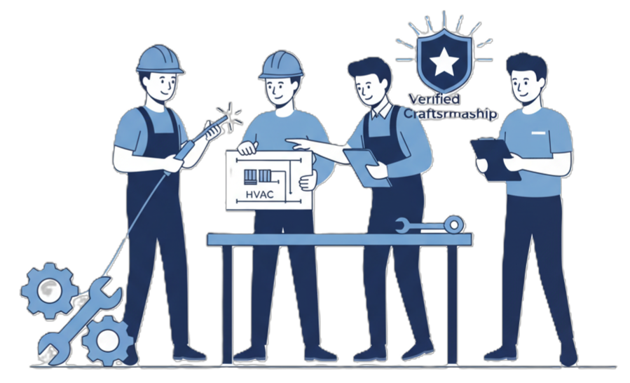 Illustration of skilled workers performing hands-on HVAC and equipment tasks under supervision, symbolizing Starbridge Talent’s verified craftsmanship and practical trade testing process