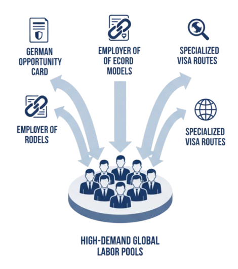Diagram showing specialized global hiring pathways such as the German Opportunity Card, Employer of Record models, and targeted visa routes leading to high-demand international labour pools.